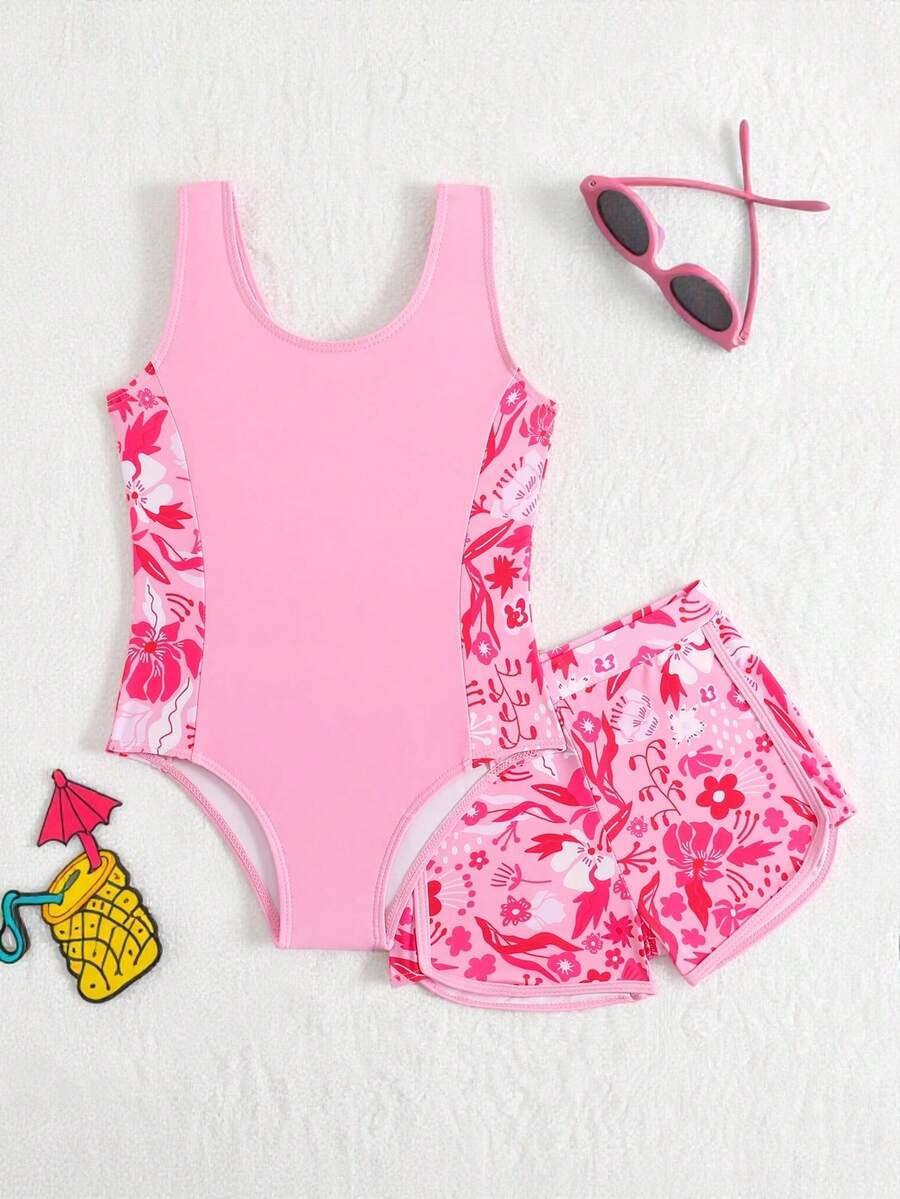 SHEIN Baju Renang Terusan dan Celana Pendek Motif Bunga untuk Anak Perempuan, Cocok untuk Liburan Pantai, Pesta Kolam Renang, dan Pesta Pantai. - Baby Pink - View 1