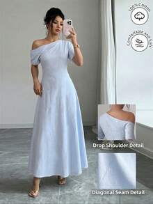 Modelyn Elegant Asymmetric Neck Short Sleeve Baby Blue Cotton Fitted Flared Dress, Fashionable For Summer Tea Party - Baby Blue - View 9