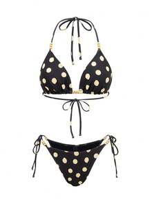 SHEIN Swim Oasis 女士黑色和黄色波点露背性感沙滩度假比基尼三件套，夏季 - 黑色 - 查看 6