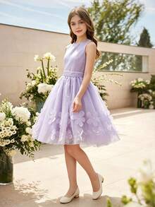 SHEIN 新款花童礼服，女童公主短款薄纱蓬蓬裙，背心式钢琴演奏会服装 - 紫色 - 查看 7