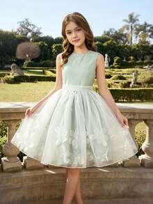 SHEIN Vestido corto de niña de las flores de diseño nuevo, vestido formal de tul esponjoso, vestido de actuación de piano - Verde - Ver 4