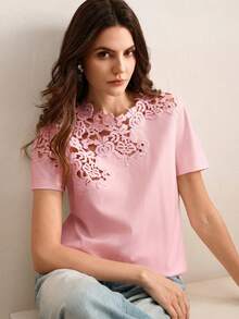 Anewsta Pink T-Shirt With Lace Embroidery Patchwork Hollow-Out Design, Unique Aesthetic Short Sleeve Top, Suitable For Valentine's Day, Summer Beach, New Year - Pink - View 4