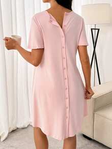 Slowluna Maternity Solid Color Short Sleeve Pleated Delivery Dress Nursery Spring - Pink - View 2