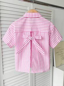 Young Girl Casual Daily Pink Striped Shirt (Detachable Bow At Back) - Pink - View 3