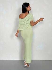 SHEIN PETITE Đầm maxi lưới ôm sát, thanh lịch, màu xanh nhạt trơn, xếp ly, lệch vai, thích hợp cho mùa xuân/hè, kiểu dáng thanh lịch, đầm suông. - màu xanh lá - Xem 2