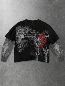 ROMWE MEN Goth Camiseta de manga larga con estampado de cruz vintage gótica para hombres 2 en 1 - Negro - Ver 1