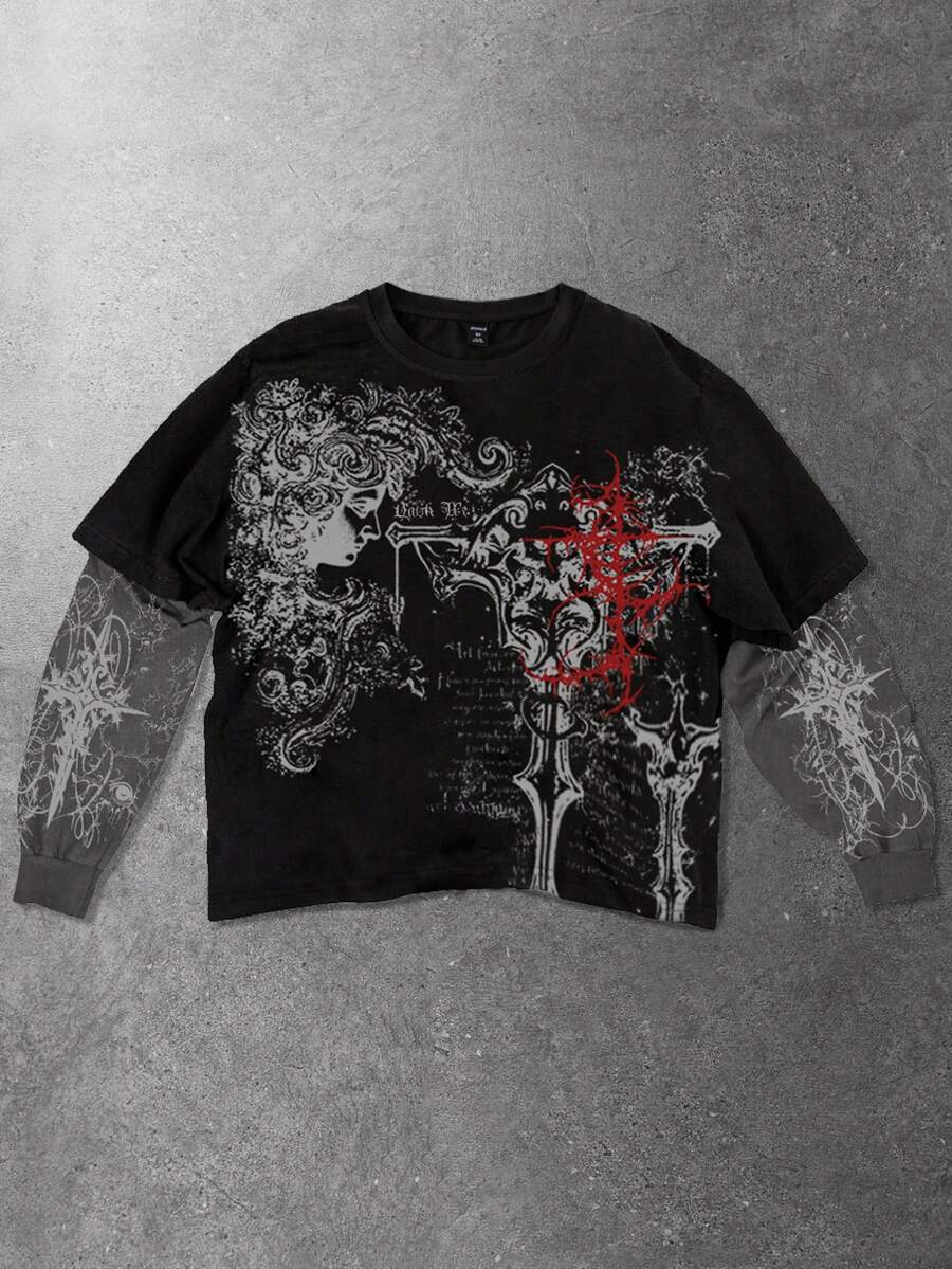 ROMWE MEN Goth Camiseta de manga larga con estampado de cruz vintage gótica para hombres 2 en 1 - Negro - Ver 1