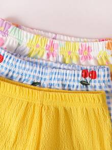 SHEIN 6件/套 嬰幼兒女童 0-3歲 可愛夏季度假 柔軟波浪針織面料 無袖上衣T恤 & 短褲套裝 淡黃色 - 彩色 - 查看 2