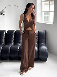 SHEIN EZwear 女款單排扣背心長褲套裝，純色深棕色，春夏約會早午餐性感風 - 咖啡棕 - 查看 5