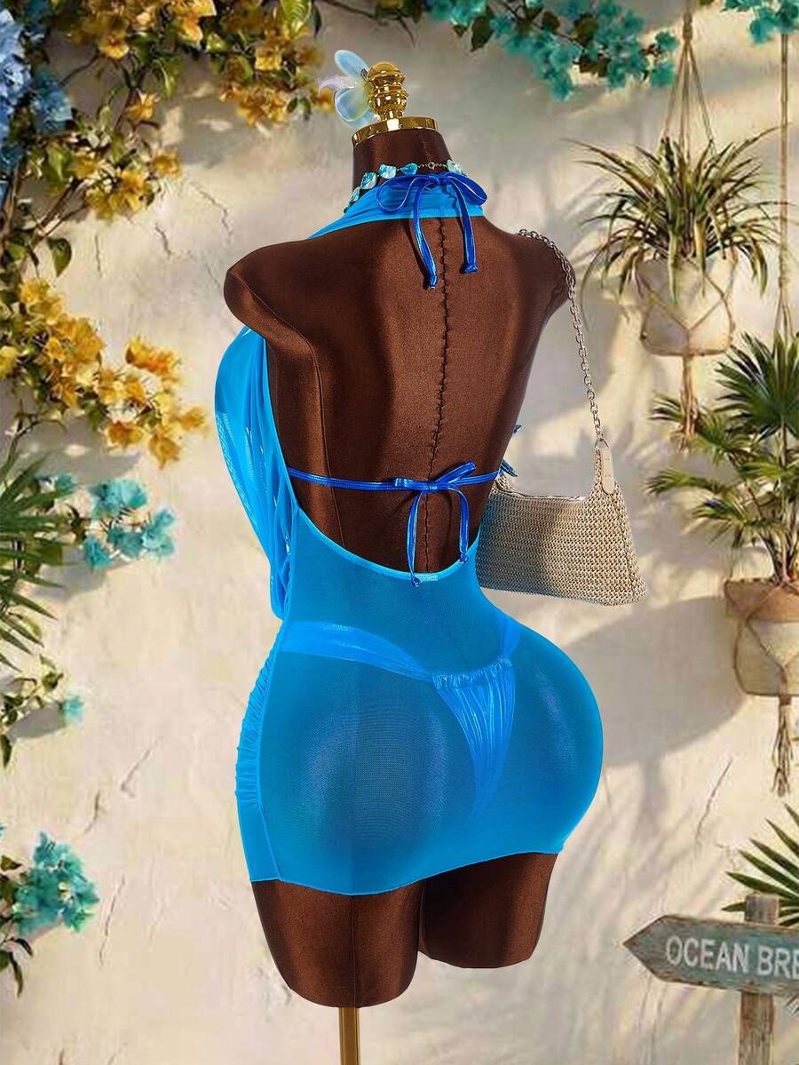 Amplova Bộ đồ bơi 3 món dành cho nữ với họa tiết sao biển và vỏ sò trên áo bikini, áo khoác ngoài cổ khăn choàng bằng lưới, gợi cảm và phá cách, phù hợp cho kỳ nghỉ, lễ hội âm nhạc, bộ sưu tập mới mùa xuân/hè. - Màu xanh lam - Xem 1