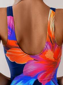 SHEIN Swim Áo tắm liền thân cổ cao thanh lịch dành cho nữ, họa tiết hoa lớn nhiều màu sắc, thích hợp cho mùa hè. - Nhiều màu - Xem 5