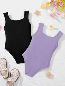 SHEIN Set de 2 piezas Mono de punto de unicolor para niña, estilo urbano, primavera/verano - Multicolor - Ver 2