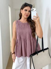 SHEIN LUNE Débardeur décontracté à col rond avec volant à l'ourlet pour femmes grandes tailles, motif à carreaux - Multicolore - Voir 9