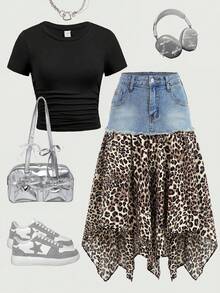 Teen Girl Retro Blue Denim Patchwork Leopard Print Asymmetrical Midi Skirt Casual Festival Beach Graduation Ceremony Vacation Comfortable Casual Festival Beach Vacation Comfortable Y2K Summer Light Washed Long Denim Skirt - Blue - View 6