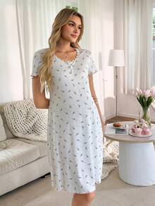 Moonlight&Mama Lace Trim Square Collar Button Decor Romantic Ditsy Floral Maternity Short Sleeve Nightgown - White - View 4