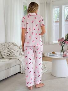 SHEIN 红白条纹爱心印花翻领开衫家居服套装，孕妇睡衣 - 彩色 - 查看 2