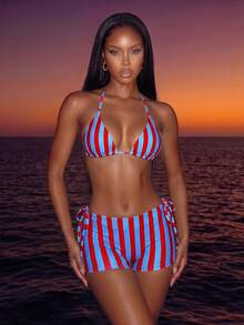 Swim Vcay Bộ bikini 3 mảnh mùa hè 2026 dành cho nữ, kiểu dáng thanh lịch, dây mảnh, cổ yếm, họa tiết sọc đỏ và xanh dương, lưng bèo nhún, thắt nơ, cạp cao, dây rút bên hông, kèm quần short. - Nhiều màu - Xem 1