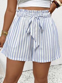 SHEIN Frenchy Plus Size Casual Striped Waist Pocket Shorts - Blue - View 3