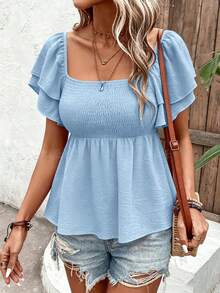 SHEIN LUNE Áo croptop cổ vuông với gấu áo nhún bèo và tay áo xếp lớp bồng bềnh màu đen kiểu peplum. - Màu xanh nhạt - Xem 6