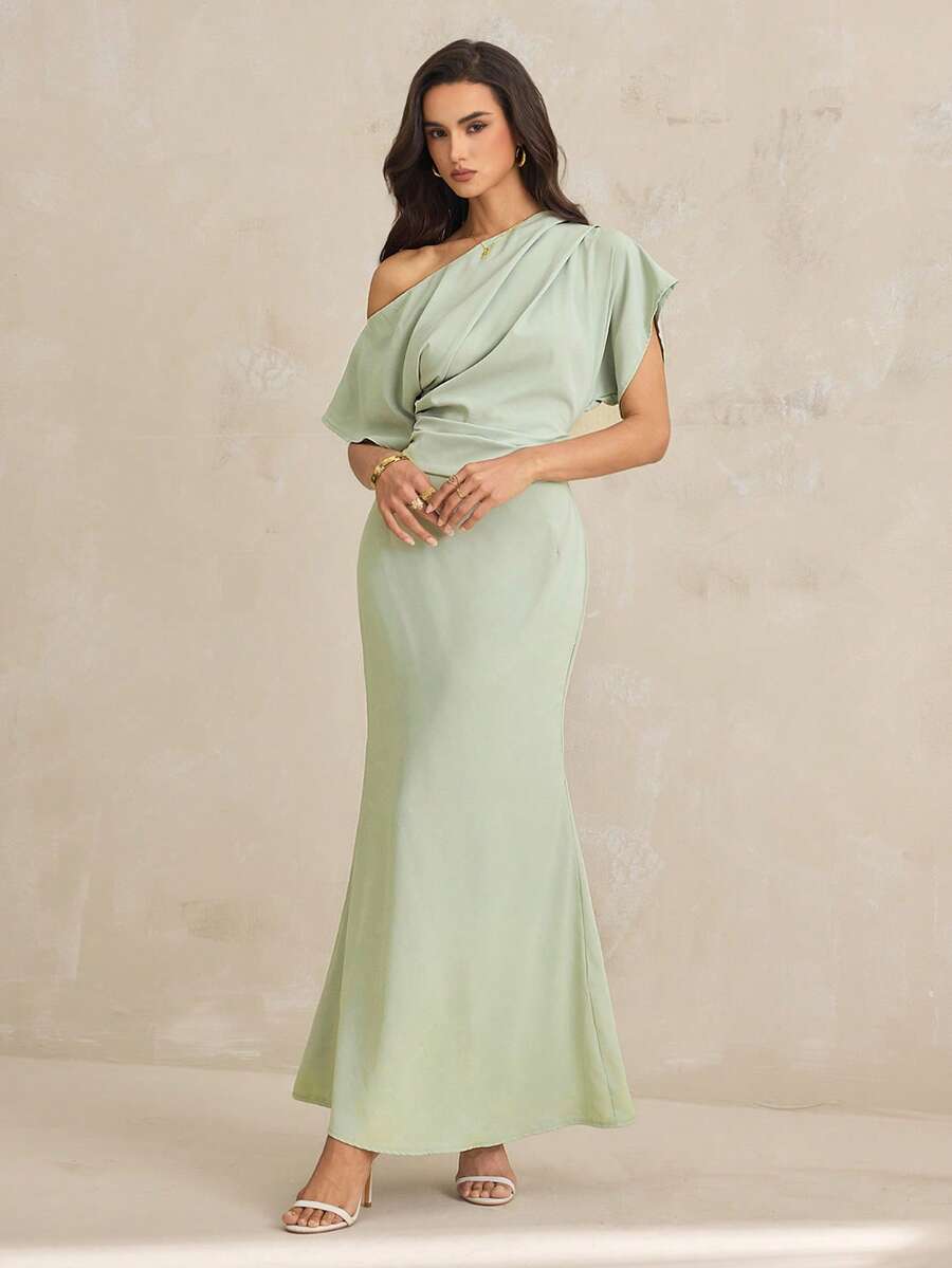 SHEIN Tall 女士纯色不对称褶皱短袖优雅连衣裙 - 灰綠 - 查看 1