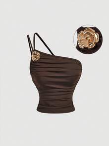 Skyraze Vintage Sexy Coffee Brown Asymmetric Shoulder Top, Summer, Casual, Holiday, Vacation, Boho, Y2K, Retro, Country, Picnic, Spring Break, Garden Party - Brown - View 6