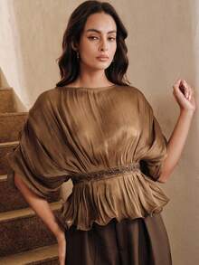 Anewsta Women's Elegant Shiny Fabric Round Neck Pleated Waist Beaded Decor Wavy Hem Top, Summer - Brown - View 7