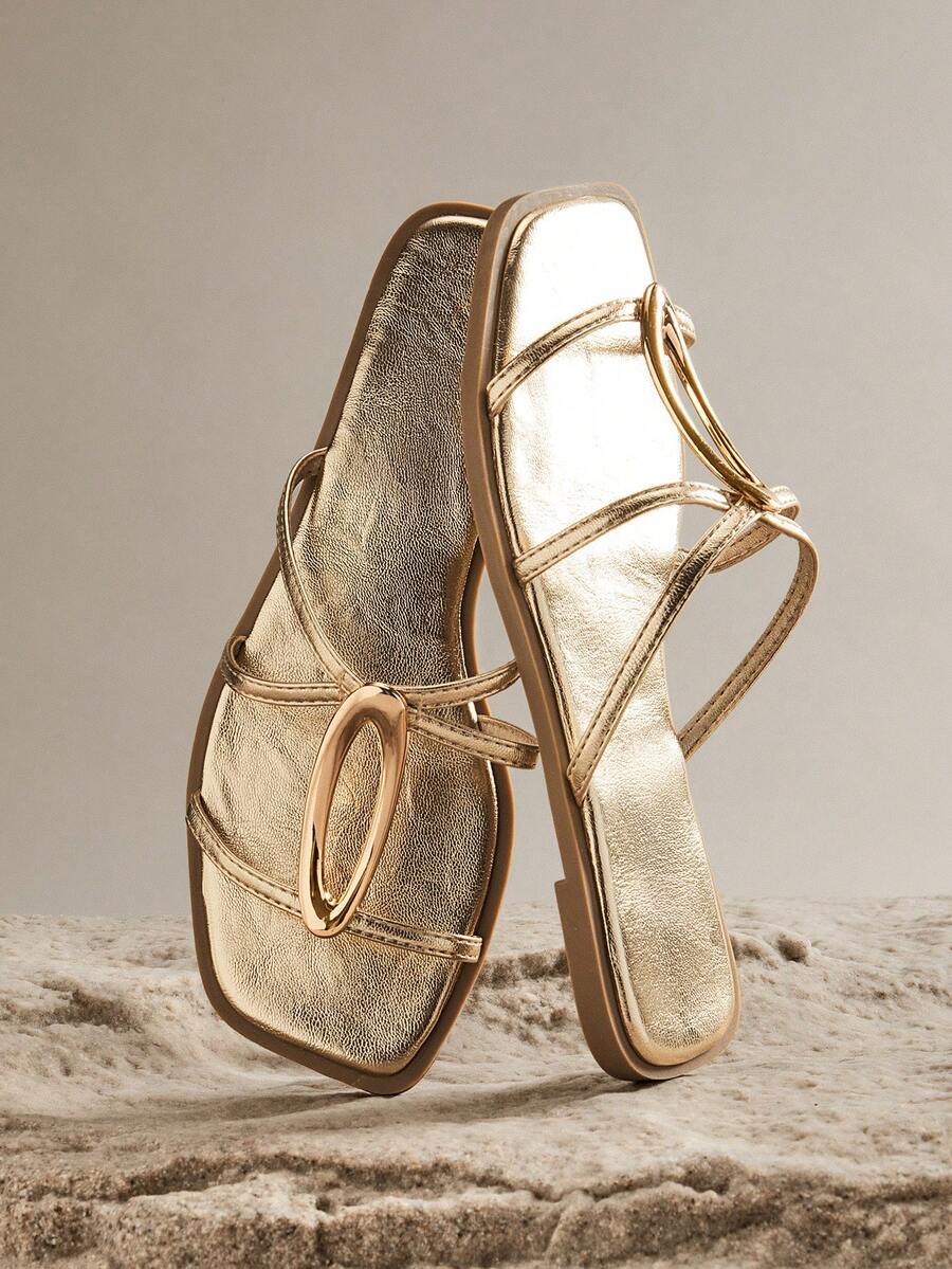 VACAZURE Women's Fashionable Gold Faux Leather Square Toe Flat Sandal Slide,Comfort Metallic Embellish Chic Holiday Shoes For Spring Summer Vacation Beach - Gold - View 1