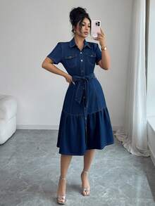 SHEIN PETITE Women's New Commuter Everyday Shirt Dress Denim Dress,Petite Women Navy Blue Autumn Casual - Dark Wash - View 5