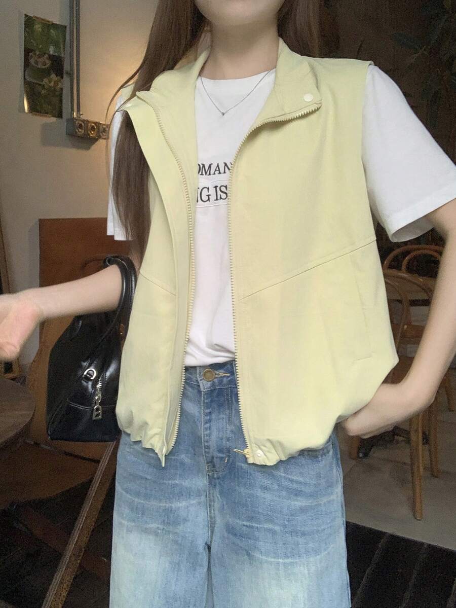 女士无袖宽松休闲外套，夏季薄款背心，适合度假穿着 - 芥末黃 - 查看 1