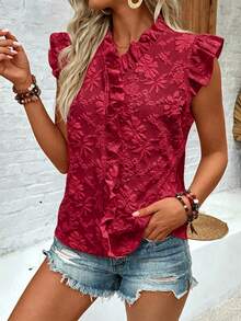EMERY ROSE Casual Vacation & Daily Wear Ruffle Sleeve Bow Tie Printed Apricot Blouse For Women - Red - View 5