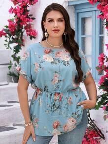EMERY ROSE Plus Size Round Neck Batwing Sleeve Casual Elegant Royal Blue Blouse, Summer Boho Holiday Party Vacation For Women - Blue - View 3