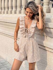 SHEIN PariChic Bộ jumpsuit nữ kiểu Pháp cổ điển mới, họa tiết hoa, viền bèo nhún, tôn dáng, thích hợp cho kỳ nghỉ. - Màu Khaki - Xem 6