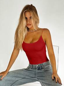 SHEIN EZwear 女士夏季时尚纯红色露背吊带背心 - 紅色 - 查看 6