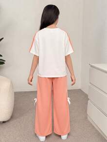 SHEIN 2pcs/Set Tween Girls Casual Retro Oversized Raglan Sleeve Contrast Color Bow Print Round Neck T-Shirt And Straight Leg Sweatpants Knit Suit, Pink - Pink - View 2