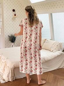 CottageSlumber Plus Size Women's Casual Floral Print Double Ruffle Collar Long Nightgown - Multicolor - View 2