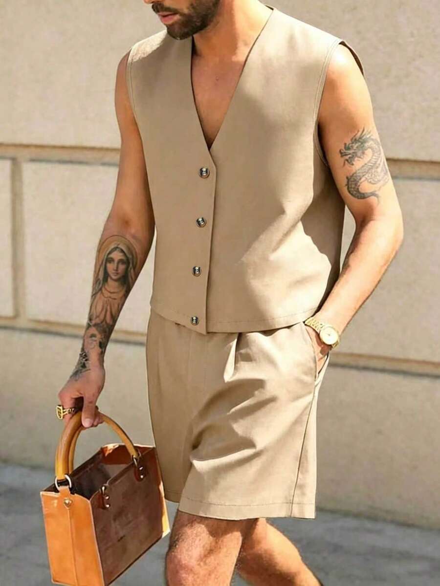 Airaco Bộ đồ nam thường ngày gồm áo ba lỗ không tay màu trơn và quần short. - Màu Khaki - Xem 1