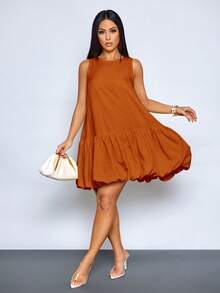 SOLERSUN Women's Elegant Scoop Neck Chic Ruffled Hem Summer Party Outfit Puffball Mini Dress - Rust Brown - View 4