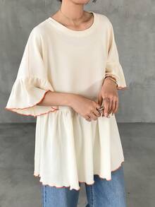 FRIFUL Camiseta feminina casual de verão, modelagem solta, gola redonda e barra com babados. - Damasco - Ver 4