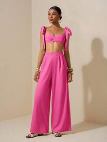 Zivah Bộ đồ đi biển mùa xuân hè mới, kiểu dáng thường ngày, áo crop top cổ trái tim buộc dây vai và quần ống rộng, màu mơ, chất liệu vải có họa tiết. - Màu Hồng Tươi - Xem 4
