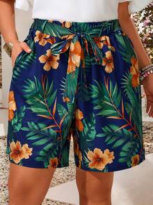 EMERY ROSE Plus Size Women's Tropical Plant Printed Loose Shorts With Pockets, Great For Vacations And Western Wear Women Beach Women Summer - Multicolor - View 4
