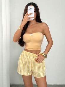 SHEIN PETITE Quần short kẻ caro dáng casual, tối giản và thời trang, phù hợp mặc hàng ngày. - Màu vàng - Xem 7