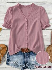 EMERY ROSE Plus Size V-Neck Frill Trim Ribbed Petal Sleeve Casual Blouse - Dusty Pink - View 1