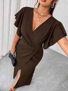 Elenzga Vestido formal ligero de talla grande, vestido elegante y romántico con bajo de cola de sirena, cuello en V, mangas con volantes, adecuado para banquetes, fiestas, invitados de boda - Marrón - Ver 6