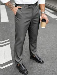 Manfinity Mode Men Plus Size Solid Color Pocket Business Casual Formal Suit Trousers, Ceremony - Dark Grey - View 5