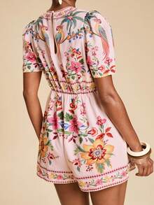 Travachic Women's Summer Tropical Print Vacation Romper With Puff Sleeves - Pink - View 2