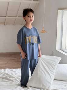 Dazy Kids 圆领字母印花T恤+直筒裤休闲睡衣套装，适合青少年男孩 - 藍色 - 查看 7