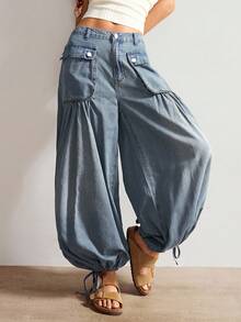 Bohemela Jeans jogger a vita alta e vestibilità ampia per donna taglie forti, pantaloni harem in denim blu scuro, casual estivi per vacanze, primavera, spiaggia e vacanze, stile Y2K - Lavaggio chiaro - Visualizzare 2