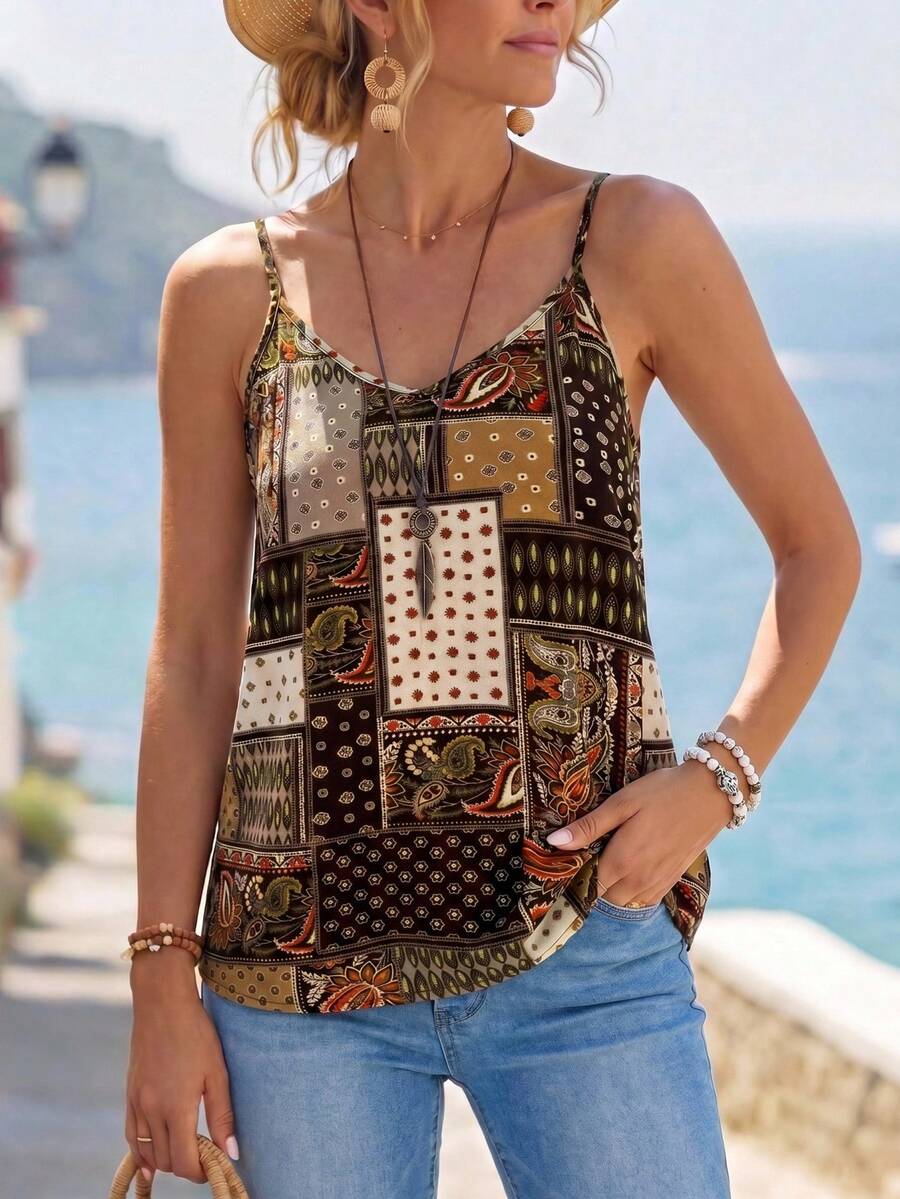 SHEIN LUNE Áo ba lỗ phong cách Bohemian giản dị mùa hè dành cho nữ - màu nâu - Xem 1