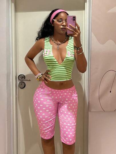 StreetHx Women's Green Contrast Stripe Camisole + Pink Polka Dot Super Shorts 2 Pieces Set,Afro Y2k Outfits,Vacation Outfits Women
