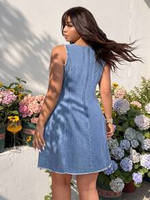 GalTyme Plus Size Women Round Neck Fringe Casual Party Denim Dress - Blue - View 2